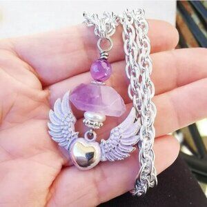 Winged Heart Amethyst Necklace • Hand Painted OOAK • Mother’s Day Gift